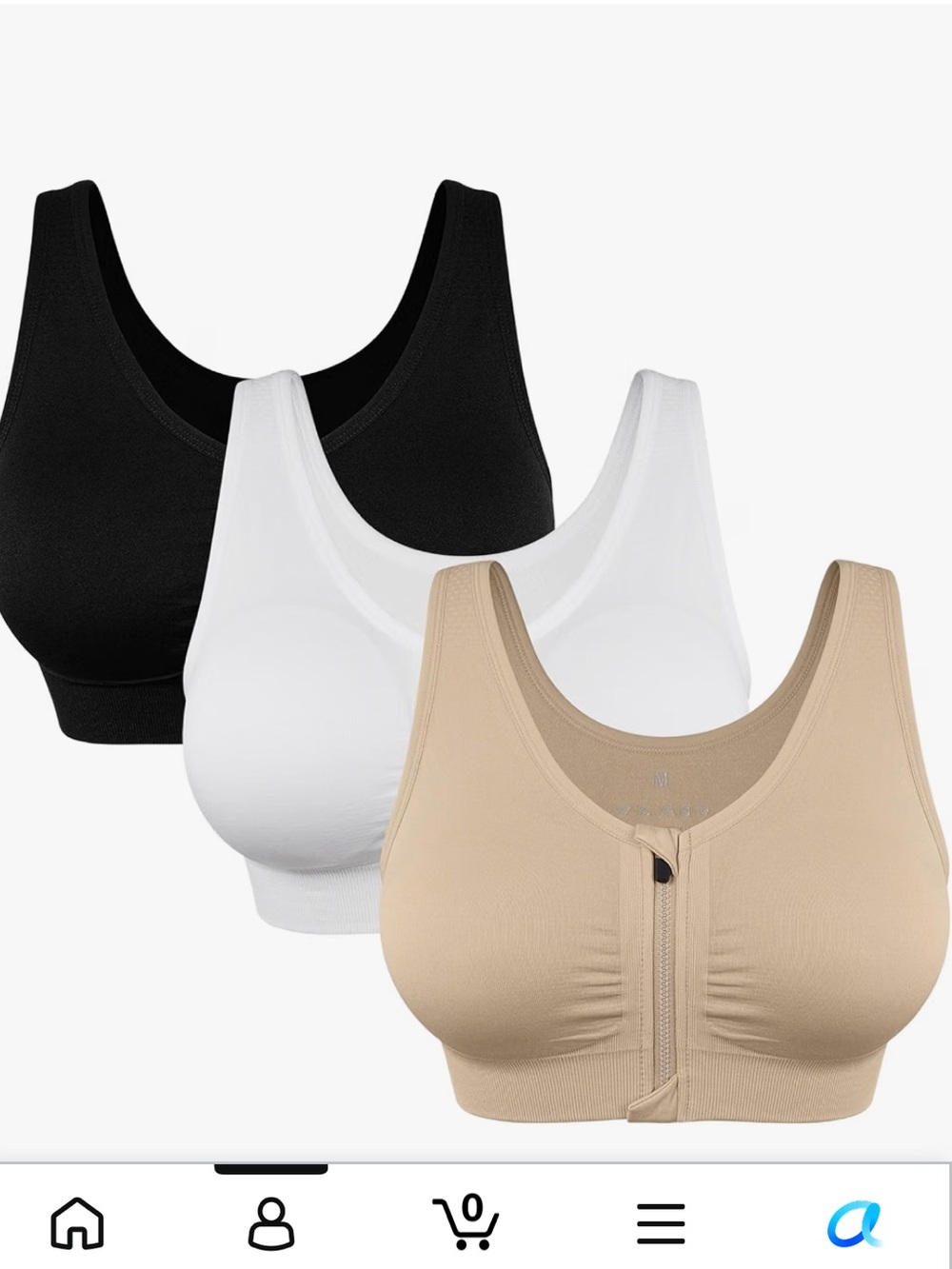 Seamless Front-Zip Support Bras - Pack of 3 (Black, White, Nude)